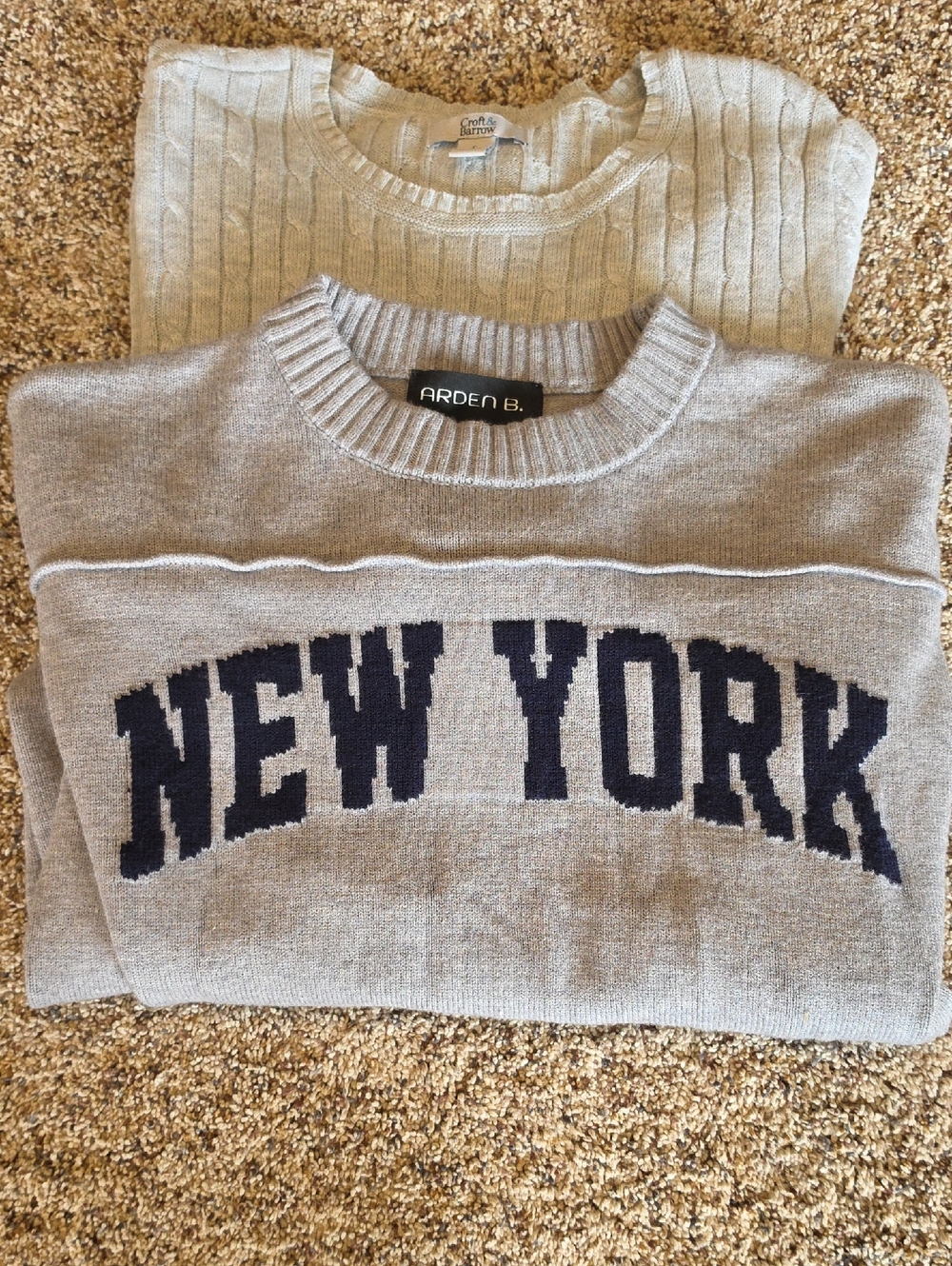 2 Grey Sweaters.  Crewneck Sweater with Navy NEW YORK Lettering